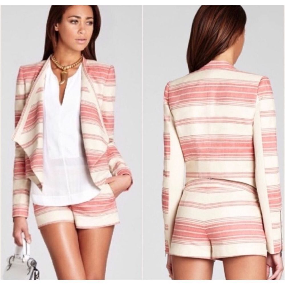 BCBGMaxAzria Womens Striped Asymmetric Open Abbey Blazer‎ Jacket Red Multi Small